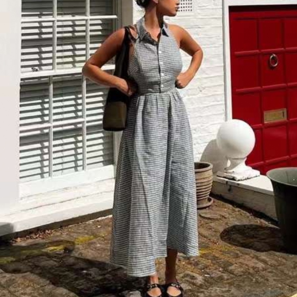 NWT Reformation Tace Linen Dress - Slate Check - Picture 2 of 9